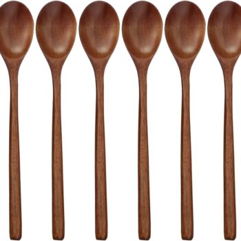 Wooden Spoons, 6 Pieces 9 Inch Wood Soup Spoons for Eating Mixing Stirring, Long Handle Spoon with Japanese Style Kitchen Utensil,  Eco Friendly Table Spoon