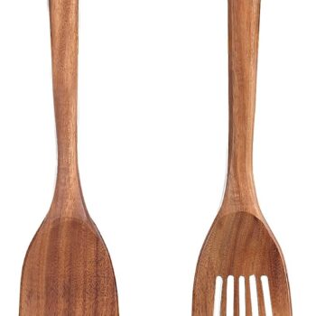 2 Pack Wooden Non Toxic Spatulas for Kitchen Utensils Set Acacia Wood Cooking Spatula Flat Wok Pancake Turner Bamboo Slotted Spoon for Cooking Utensil Spurtle Scraper Long Fish Egg Flipper Spatulas
