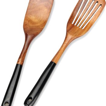 2 Pcs Wooden Spatula Set for Cooking Non Toxic Teak Kitchen Utensils Slotted Pancake Turner Flat Wood Wok Spatulas Bamboo Spoon for Cooking Utensil Set Spurtle Scraper Black Fish Egg Flipper Spatula