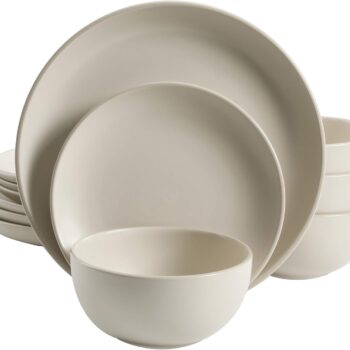 RoundStonewareDinnerwareSet,Servicefor4(12pcs),Cream