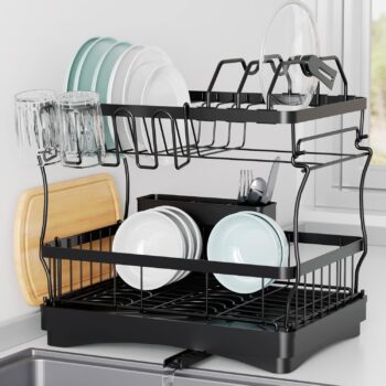 DishDryingRack,2TierDishRackwithWaterLockingFunctionDrainboard,PotRack,CutleryHolder,Cutting-BoardHolderandCupHolder,LargeDishRacksforKitchen