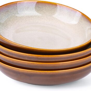 LargePastaBowls,38ozCeramicPastaBowls,9.0"ReactiveGlazePastaBowlSetof4,Microwave&Dishwasher,OvenSafe,WideServingBowlsforSalad,Pasta,Fruit,ScratchResistant-Khaki