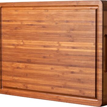 Large Wood Cutting Board for Kitchen, 1” Thick Bamboo Cheese Charcuterie Board, Butcher Chopping Block, with Juice Grooves and Handles