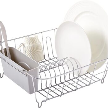2PieceDishDryingRackSetDrainerwithUtensilHolderSimpleEasytoUseFitsinMostSinks,14.5"x13"x5.25",Silver