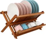 TeakDishDrainerRackCollapsible2TierDishRackDishDryingRackFoldablePlateOrganizerHolderforKitchenCompact
