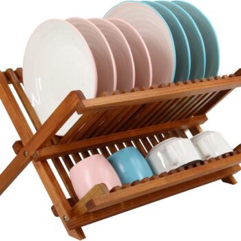 TeakDishDrainerRackCollapsible2TierDishRackDishDryingRackFoldablePlateOrganizerHolderforKitchenCompact