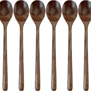 Wooden Spoons for Eating,  9 inch Small Wooden Soup Spoon Mixing Stirring Tasting, 6-Piece Dark Brown Wood Spoons for Soup and Korean Food, Eco friendly Wooden Eating Utensils