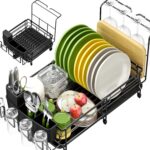ExpandableDishDryingRackforKitchenCounter,LargeAdjustableDishRackwithWineGlassandCutleryHolder,Anti-RustDishDrainerwithSwivelDrainageSpout