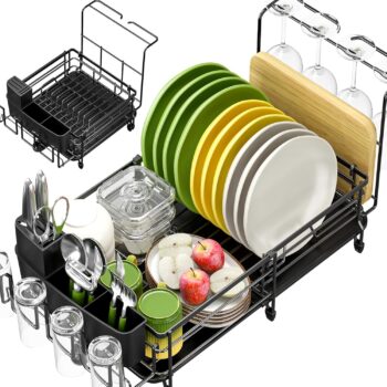 ExpandableDishDryingRackforKitchenCounter,LargeAdjustableDishRackwithWineGlassandCutleryHolder,Anti-RustDishDrainerwithSwivelDrainageSpout