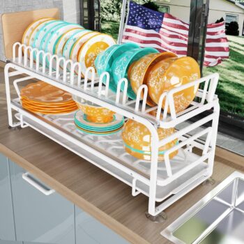 DishDryingRackwithDrainboardSlideableDishRackOrganizerforKitchenPullOutDishDryingHolderStrongLoad-BearingDishDrainerOrganizer(2Layer)