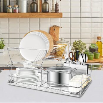 2TierDishDryingRackforKitchenCounter，StainlessSteelLargeCapacityDishRackwithDetachableDishDrainerOrganizer，UtensilHolderandDrainBoard