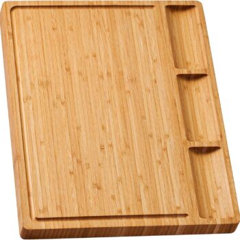 Large Bamboo Wood Cutting Board for Kitchen, Cheese Charcuterie Board with 3 Built-in Compartments and Juice Grooves, Butcher Block (17x12.6")