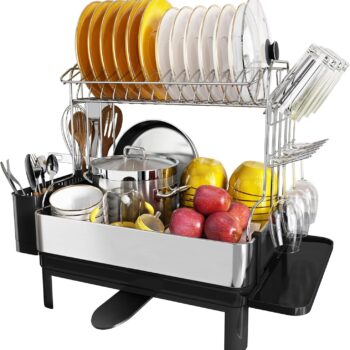 DishDryingRackwithDrainboardSet,304StainlessSteelDishRack,2TierExtraLargeDishDrainerwithCupHolderandUtensilHolderforKitchenCounterofBigFamily