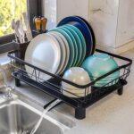 IronDishDryingRack,Space-SavingDesignwithDrainboardandSwivelSpout,CountertopDrainer,RemovableUtensilHolderforKitchen,DurableforPlates,Bowls.（1t-Black）